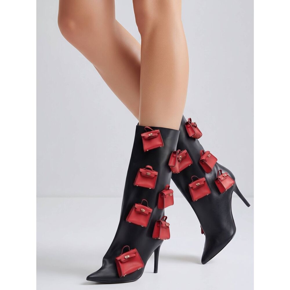 💬🩵NIB Black w/Small Red Purses Knee High Boots Size 9